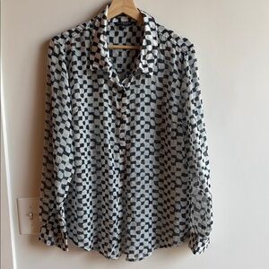 Black, White, and Blue Sheer Geometric Button-Up Blouse